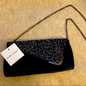 Nine West Black Satin Leopard Print Clutch